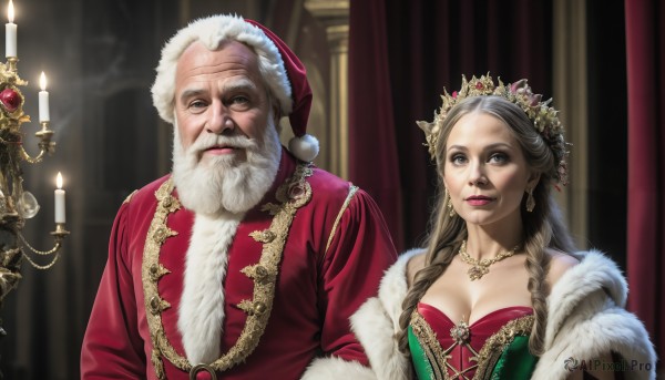 HQ,1girl,long hair,breasts,looking at viewer,brown hair,1boy,hat,dress,cleavage,jewelry,medium breasts,upper body,braid,white hair,grey hair,earrings,indoors,necklace,blurry,twin braids,fur trim,facial hair,tiara,crown,curtains,christmas,red headwear,beard,santa hat,santa costume,green dress,realistic,mustache,candle,manly,old,old man,candlestand,blue eyes,grey eyes,red dress,wrinkled skin