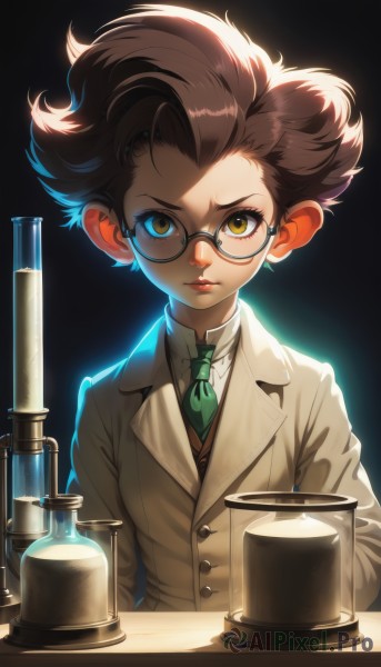 1girl,solo,looking at viewer,short hair,simple background,brown hair,shirt,long sleeves,brown eyes,closed mouth,school uniform,jacket,yellow eyes,white shirt,upper body,necktie,glasses,collared shirt,lips,glowing,blazer,black background,forehead,backlighting,serious,green necktie,eyelashes,buttons,formal,wing collar,spiked hair,round eyewear