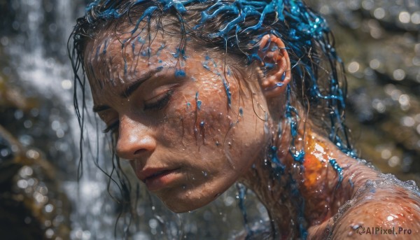 1girl, solo, long hair, brown hair, closed mouth, closed eyes, dark skin, water, blurry, dark-skinned female, lips, wet, eyelashes, depth of field, blurry background, portrait, water drop, realistic, nose