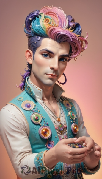 solo,looking at viewer,blue eyes,simple background,shirt,hair ornament,long sleeves,1boy,holding,jewelry,closed mouth,blue hair,white shirt,upper body,pink hair,purple hair,male focus,multicolored hair,necklace,vest,two-tone hair,lips,gradient,gradient background,gem,realistic,blonde hair,collared shirt,artist name,eyelashes,own hands together,androgynous,pendant,orange background,badge,popped collar