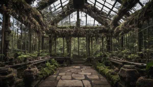 outdoors,day,tree,dutch angle,no humans,window,sunlight,grass,plant,nature,scenery,ruins,vines,pillar,moss,overgrown,post-apocalypse,indoors,rock,stairs,railing