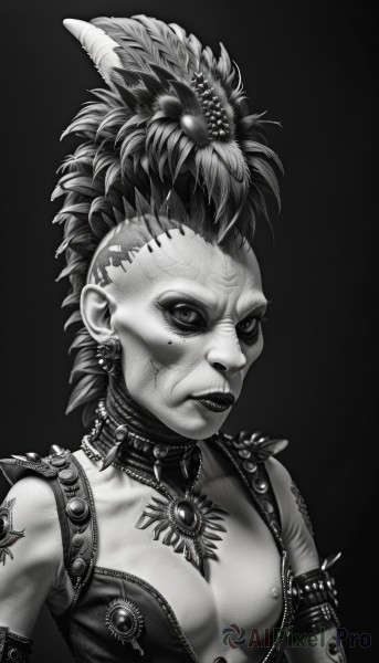 solo,looking at viewer,simple background,hair ornament,1boy,jewelry,closed mouth,monochrome,upper body,greyscale,male focus,earrings,horns,necklace,mole,collar,lips,tattoo,makeup,scar,facial mark,piercing,feathers,black background,armlet,realistic,stitches,mohawk,cracked skin,1girl,nipples,flower,open clothes,hair flower,mole under eye,feather hair ornament,facepaint