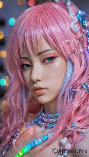 1girl,solo,long hair,looking at viewer,bangs,blue eyes,hair ornament,jewelry,upper body,pink hair,earrings,parted lips,hairclip,necklace,blurry,lips,eyelashes,makeup,depth of field,gem,portrait,eyeshadow,beads,realistic,nose,pearl necklace,mascara,pearl (gemstone),cleavage,bare shoulders,blue hair,multicolored hair,artist name,two-tone hair,blurry background