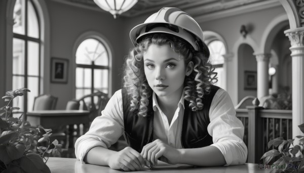 1girl,solo,long hair,looking at viewer,smile,shirt,1boy,hat,sitting,closed mouth,monochrome,upper body,greyscale,male focus,collared shirt,indoors,dark skin,blurry,vest,dark-skinned female,lips,window,depth of field,blurry background,leaf,chair,drill hair,table,plant,sleeves rolled up,curly hair,realistic,nose,potted plant,ringlets,dreadlocks,flower,parted lips,helmet,lamp