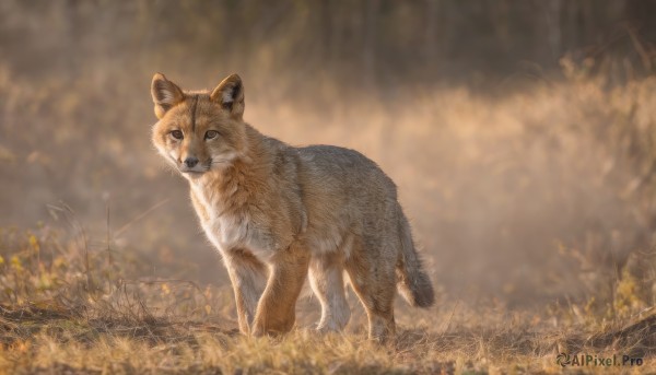 solo,brown eyes,closed mouth,standing,full body,outdoors,day,signature,blurry,no humans,depth of field,blurry background,animal,grass,nature,realistic,animal focus,looking at viewer,forest,field