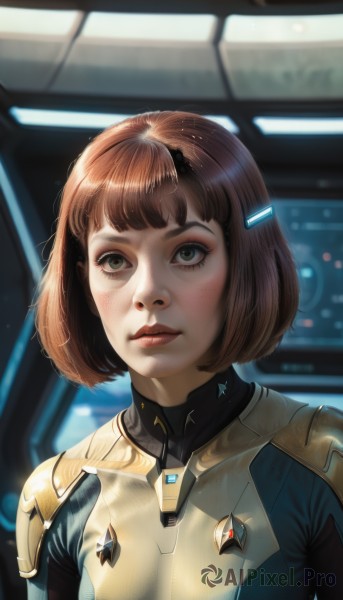 1girl,solo,breasts,looking at viewer,short hair,bangs,brown hair,hair ornament,brown eyes,closed mouth,green eyes,upper body,hairclip,artist name,lips,bodysuit,makeup,bob cut,freckles,science fiction,realistic,nose,armor,eyelashes,portrait,pilot suit,spacecraft