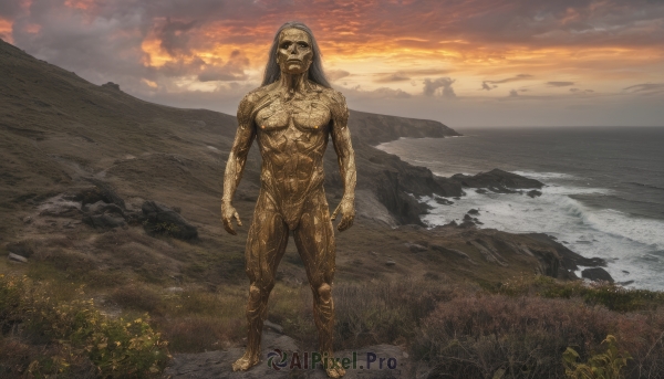 solo,1boy,standing,full body,male focus,outdoors,sky,barefoot,cloud,water,no humans,muscular,cloudy sky,grass,scenery,science fiction,sunset,monster,aircraft,alien,ocean,beach,rock,sand,horizon,statue