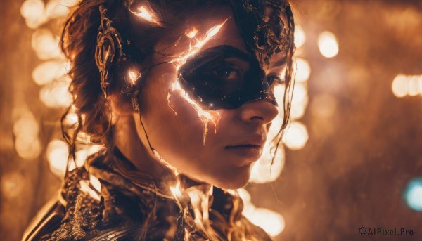 1girl,solo,short hair,brown hair,jewelry,closed mouth,monochrome,earrings,blurry,from side,lips,profile,mask,depth of field,blurry background,glowing,portrait,lens flare,reflection,science fiction,realistic,nose,sepia,bokeh,brown theme,looking at viewer,black hair,eyelashes