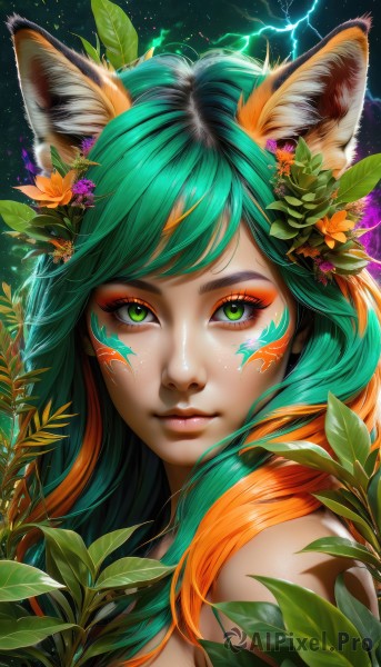 1girl,solo,long hair,looking at viewer,smile,bangs,hair ornament,animal ears,bare shoulders,closed mouth,green eyes,upper body,flower,multicolored hair,green hair,shiny,artist name,hair flower,orange hair,two-tone hair,lips,animal ear fluff,fox ears,eyelashes,aqua hair,gradient hair,makeup,swept bangs,leaf,watermark,facial mark,plant,lipstick,portrait,eyeshadow,pink lips,nose,electricity,eyeliner,whisker markings,facepaint,lightning,mascara,realistic