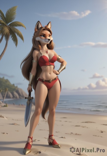 1girl,solo,long hair,breasts,smile,blue eyes,brown hair,navel,holding,animal ears,cleavage,bare shoulders,jewelry,medium breasts,very long hair,closed mouth,standing,tail,swimsuit,full body,weapon,bikini,outdoors,sky,day,sword,artist name,signature,water,necklace,holding weapon,blurry,high heels,tree,blue sky,hand on hip,looking to the side,fox ears,strapless,blurry background,fox tail,ocean,watermark,beach,holding sword,wolf ears,knife,red footwear,wolf tail,furry,armlet,red bikini,sand,palm tree,furry female,holding knife,bracer,dagger,collarbone,small breasts,parted lips,midriff,cloud,stomach,armor,bracelet,animal ear fluff,depth of field,abs,thick eyebrows,dog ears,toned,vambraces,body fur,animal nose,snout,brown fur