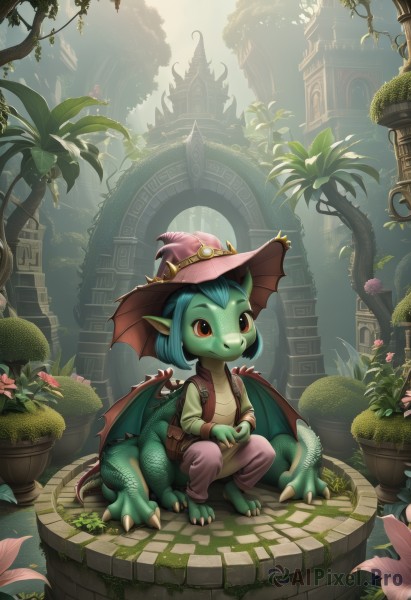 1girl,solo,smile,short hair,red eyes,long sleeves,hat,sitting,closed mouth,blue hair,tail,full body,flower,outdoors,open clothes,wings,horns,day,pointy ears,belt,pants,artist name,signature,vest,tree,witch hat,colored skin,looking away,squatting,own hands together,plant,building,child,claws,pink flower,dragon horns,pouch,dragon girl,fantasy,dragon,dragon tail,potted plant,scales,pink headwear,green skin,brown pants,vines,open vest,brown vest,dragon wings,ivy,shirt,holding,green hair,bag,watermark,backpack,bat wings,scenery,furry,brick wall,pink pants