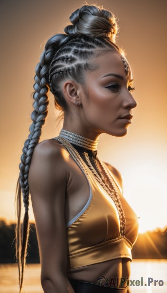 1girl,solo,long hair,breasts,black hair,bare shoulders,jewelry,closed mouth,upper body,braid,grey hair,multicolored hair,earrings,small breasts,outdoors,midriff,dark skin,necklace,hair bun,twin braids,from side,dark-skinned female,lips,crop top,profile,facial mark,piercing,backlighting,sunset,realistic,nose,very dark skin,dreadlocks,multiple braids,brown eyes,blue hair,sleeveless,artist name,water,eyelashes,halterneck,sunlight,ear piercing,sun