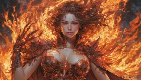 1girl,solo,long hair,breasts,looking at viewer,large breasts,brown hair,cleavage,brown eyes,medium breasts,upper body,parted lips,hand up,cape,armor,lips,floating hair,facial mark,fire,wind,gauntlets,red lips,flame,embers,burning,closed mouth,collarbone,red hair,fingernails,grey eyes,eyelashes,wavy hair,scar,shoulder armor,breasts apart,claws,long fingernails,veins,pauldrons,realistic,nose,fantasy,sharp fingernails,red cape,fiery hair