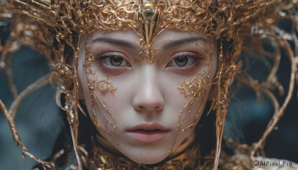 1girl,solo,looking at viewer,closed mouth,grey hair,parted lips,blurry,lips,grey eyes,eyelashes,makeup,depth of field,blurry background,expressionless,crown,portrait,close-up,realistic,red lips,straight-on,gold,1boy,brown eyes,jewelry,male focus,earrings,black eyes,gold trim,headpiece