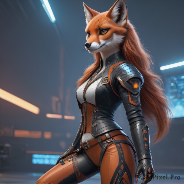 1girl,solo,long hair,breasts,looking at viewer,smile,brown hair,shirt,gloves,long sleeves,animal ears,brown eyes,medium breasts,standing,jacket,tail,cowboy shot,belt,pants,artist name,orange hair,armor,blurry,black jacket,orange eyes,fox ears,bodysuit,night,blurry background,fox tail,facial mark,fox girl,furry,zipper,furry female,body fur,mechanical arms,leather,animal nose,single mechanical arm,fox,snout,two-tone fur,orange fur,black gloves,uniform,claws,science fiction,realistic,zipper pull tab,leather jacket