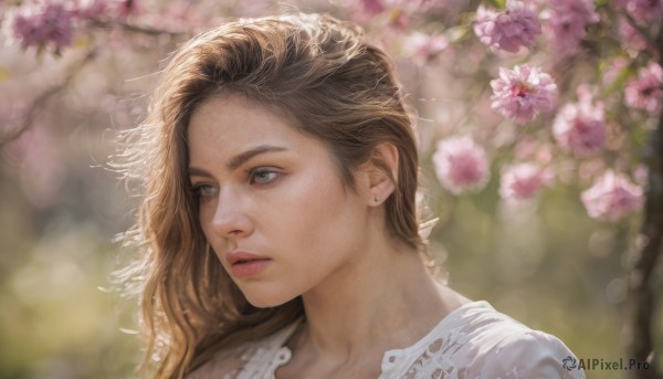 1girl, solo, long hair, brown hair, jewelry, green eyes, flower, earrings, parted lips, blurry, lips, depth of field, blurry background, looking away, portrait, freckles, realistic, nose, stud earrings