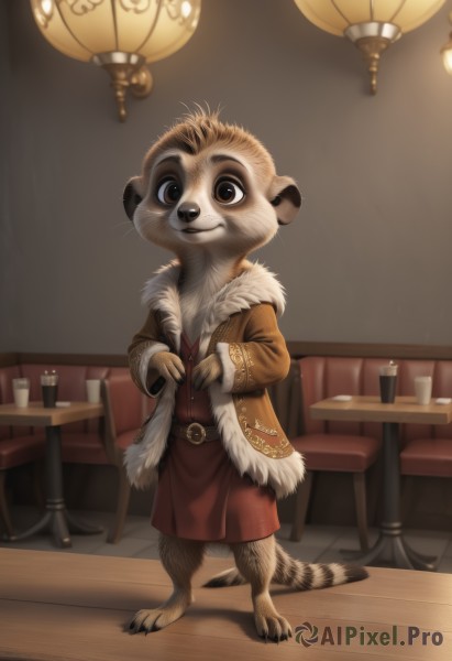 solo,looking at viewer,smile,long sleeves,1boy,brown eyes,closed mouth,standing,jacket,tail,full body,male focus,belt,indoors,cup,fur trim,no humans,table,furry,brown jacket,fur-trimmed jacket,lamp,furry male,body fur,white fur,brown coat,whiskers,animal ears,jewelry,artist name,vest,coat,watermark,chair,web address,red vest,male child,brown fur