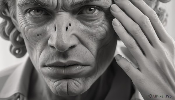 solo,looking at viewer,simple background,1boy,white background,closed mouth,monochrome,greyscale,male focus,hand up,blurry,lips,fingernails,facial hair,scar,facial mark,portrait,close-up,curly hair,realistic,old,wrinkled skin,shirt,frown,veins,serious