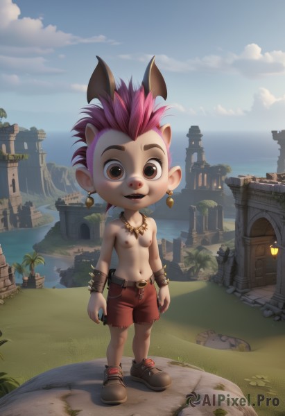 solo,looking at viewer,smile,open mouth,1boy,navel,animal ears,brown eyes,jewelry,nipples,standing,full body,pink hair,male focus,earrings,outdoors,sky,shoes,shorts,teeth,day,pointy ears,belt,cloud,water,necklace,bracelet,tree,blue sky,ocean,beach,piercing,spiked hair,ear piercing,furry,topless male,sand,palm tree,furry male,male child,red shorts,mohawk,1girl,breasts,short hair,red hair,multicolored hair,small breasts,two-tone hair,topless,grass