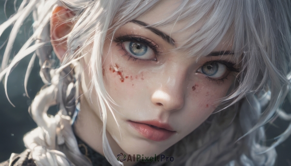 1girl,solo,long hair,looking at viewer,bangs,blue eyes,jewelry,closed mouth,braid,white hair,earrings,blurry,lips,grey eyes,eyelashes,blood,portrait,close-up,freckles,blood on face,realistic,nose,red lips,short hair,parted lips,artist name,depth of field,messy hair