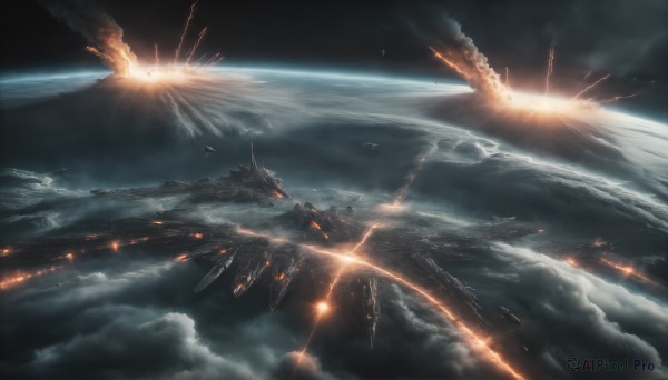 HQ,sky,cloud,no humans,ocean,fire,star (sky),scenery,smoke,flying,science fiction,realistic,aircraft,sun,space,explosion,planet,earth (planet),spacecraft,military,city,military vehicle,airplane,battle,vehicle focus,landscape,laser