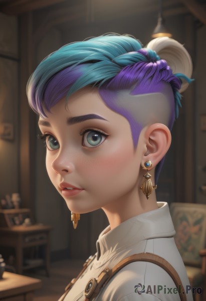 1girl,solo,looking at viewer,short hair,blue eyes,shirt,jewelry,blue hair,white shirt,purple hair,multicolored hair,earrings,parted lips,artist name,indoors,hair bun,blurry,from side,two-tone hair,aqua eyes,lips,eyelashes,makeup,depth of field,blurry background,chair,single hair bun,portrait,eyeshadow,freckles,nose,undercut,mascara,blush,bangs,green eyes,upper body,teeth,collared shirt,watermark,thick eyebrows,web address,asymmetrical hair