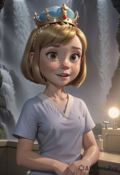 1girl,solo,breasts,looking at viewer,smile,short hair,open mouth,bangs,blonde hair,brown hair,shirt,dress,brown eyes,collarbone,white shirt,upper body,short sleeves,small breasts,parted lips,teeth,artist name,indoors,lips,own hands together,crown,blue shirt,child,freckles,female child,lamp,waterfall,water,realistic