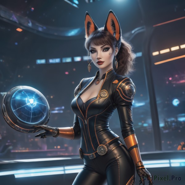 1girl,solo,long hair,breasts,looking at viewer,bangs,large breasts,brown hair,black hair,gloves,holding,animal ears,cleavage,brown eyes,jewelry,medium breasts,closed mouth,standing,ponytail,cowboy shot,earrings,black gloves,belt,artist name,indoors,cat ears,necklace,mole,blurry,lips,fox ears,bodysuit,makeup,night,blurry background,fake animal ears,lipstick,eyeshadow,zipper,science fiction,contrapposto,hoop earrings,nose,black bodysuit,red lips,eyeliner,facial tattoo,orb,pants,black eyes,black pants,piercing,realistic,leather