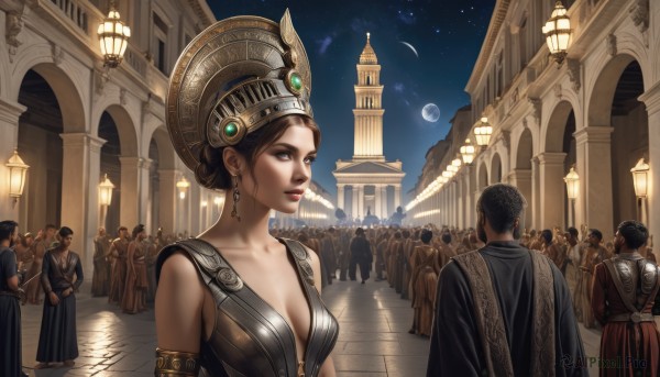 1girl,breasts,looking at viewer,short hair,multiple girls,brown hair,black hair,hat,dress,cleavage,bare shoulders,brown eyes,jewelry,medium breasts,collarbone,earrings,outdoors,parted lips,multiple boys,sky,solo focus,hair bun,lips,makeup,night,moon,lipstick,building,star (sky),night sky,full moon,armlet,starry sky,6+boys,red lips,architecture,lamppost,pillar,crowd,arch,pavement,standing,upper body,weapon,sleeveless,belt,sword,armor,6+girls,single hair bun,crown,gem,faceless,walking,faceless male,robe,headpiece,fantasy,crescent moon,diadem,people