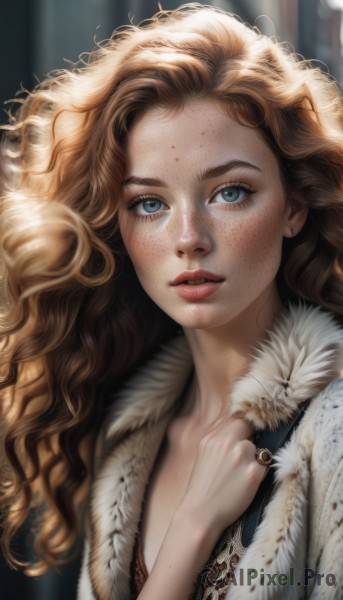 1girl,solo,long hair,breasts,looking at viewer,blue eyes,blonde hair,brown hair,holding,cleavage,jewelry,upper body,flower,earrings,parted lips,lips,eyelashes,wavy hair,ring,feathers,portrait,freckles,curly hair,realistic,teeth,blurry,fur trim,makeup,blurry background,watermark,web address,forehead,fur collar,nose