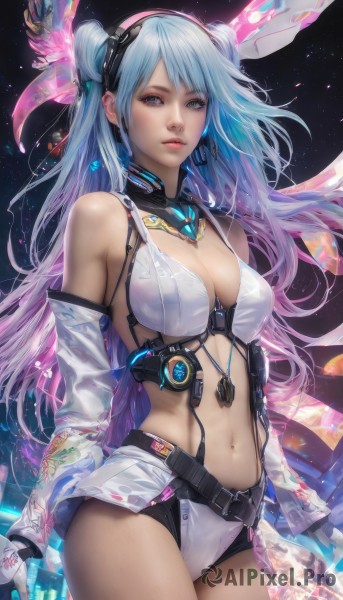 1girl,solo,long hair,breasts,looking at viewer,bangs,blue eyes,large breasts,gloves,long sleeves,navel,cleavage,bare shoulders,jewelry,medium breasts,closed mouth,blue hair,standing,swimsuit,pink hair,purple hair,bikini,multicolored hair,cowboy shot,hairband,earrings,parted lips,detached sleeves,shorts,elbow gloves,midriff,shiny,belt,white gloves,fingerless gloves,stomach,hair bun,two-tone hair,lips,see-through,short shorts,double bun,gradient hair,makeup,detached collar,floating hair,headgear,white bikini,piercing,revealing clothes,science fiction,realistic,nose