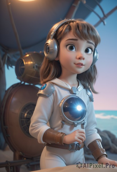 1girl,solo,long hair,looking at viewer,smile,blue eyes,brown hair,brown eyes,outdoors,parted lips,sky,belt,signature,medium hair,water,blurry,black eyes,lips,headphones,ocean,child,science fiction,realistic,aircraft,nose,female child,spacecraft,spacesuit,desert,long sleeves,blurry background,thick eyebrows,aged down,watercraft