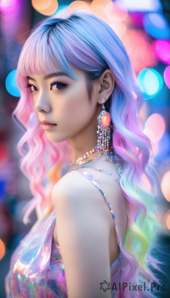 1girl,solo,long hair,breasts,looking at viewer,bangs,dress,bare shoulders,jewelry,closed mouth,blue hair,upper body,pink hair,multicolored hair,earrings,sleeveless,necklace,blurry,black eyes,from side,two-tone hair,lips,looking to the side,gradient hair,makeup,sleeveless dress,depth of field,blurry background,wavy hair,gem,realistic,nose,bokeh,pearl necklace,medium breasts,artist name,blunt bangs,eyelashes,watermark,lens flare,eyeshadow,rainbow hair