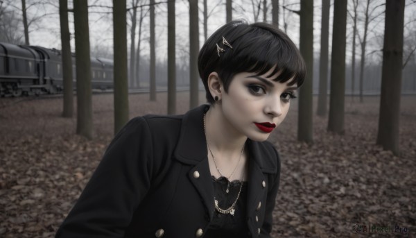 1girl,solo,looking at viewer,short hair,bangs,black hair,hair ornament,brown eyes,jewelry,jacket,upper body,earrings,outdoors,parted lips,open clothes,hairclip,necklace,mole,black eyes,tree,lips,black jacket,black shirt,mole under eye,makeup,lipstick,ground vehicle,nature,motor vehicle,forest,realistic,red lips,car,stud earrings,road,very short hair,leather,leather jacket,shirt,hat,closed mouth,day,open jacket,eyelashes,snow,freckles,nose,bare tree,mascara,grey sky,mole on cheek