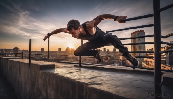 solo,black hair,1boy,jewelry,male focus,outdoors,sky,shoes,pants,cloud,dark skin,bracelet,muscular,facial hair,dark-skinned male,tank top,building,wristband,sneakers,beard,sunset,watch,jumping,city,realistic,wristwatch,cityscape,rooftop,brown hair,scenery