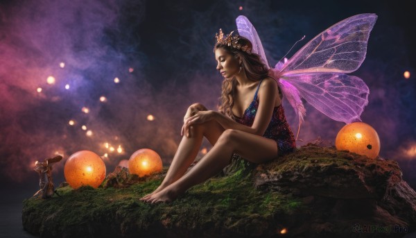 1girl,long hair,breasts,brown hair,1boy,cleavage,jewelry,medium breasts,sitting,weapon,braid,earrings,wings,shorts,barefoot,pointy ears,tiara,crown,fantasy,fairy wings,fairy,giant,giantess,multiple girls,hat,dress,2girls,grass,minigirl,realistic,butterfly wings