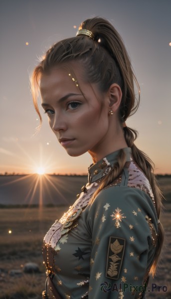 1girl,solo,long hair,breasts,looking at viewer,blue eyes,brown hair,black hair,hair ornament,jewelry,closed mouth,upper body,ponytail,earrings,outdoors,sky,star (symbol),blurry,uniform,black eyes,from side,lips,military,military uniform,blurry background,sunlight,backlighting,freckles,sunset,realistic,sun,medium breasts,necklace,eyelashes,makeup,depth of field,nose,hair tie,hair pulled back,sunrise