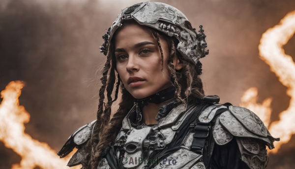 1girl,solo,long hair,brown hair,brown eyes,closed mouth,upper body,braid,choker,dark skin,armor,twin braids,dark-skinned female,lips,helmet,shoulder armor,portrait,smoke,brown background,pauldrons,breastplate,realistic,nose,dreadlocks,gorget,chainmail,looking at viewer