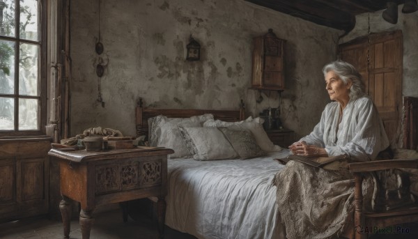 1girl,solo,long hair,long sleeves,1boy,dress,sitting,closed mouth,closed eyes,white hair,grey hair,male focus,indoors,white dress,tree,pillow,book,window,bed,bed sheet,facial hair,on bed,chair,table,own hands together,plant,beard,robe,realistic,blanket,old,old man,old woman,wrinkled skin,day,bottle,scenery,wall,painting (object),cabinet