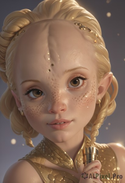 1girl,solo,looking at viewer,smile,blonde hair,hair ornament,bare shoulders,brown eyes,jewelry,braid,earrings,parted lips,teeth,pointy ears,twin braids,lips,gradient background,eyelashes,portrait,close-up,forehead,freckles,realistic,nose,hair pulled back,long hair,holding,artist name,watermark,multiple braids