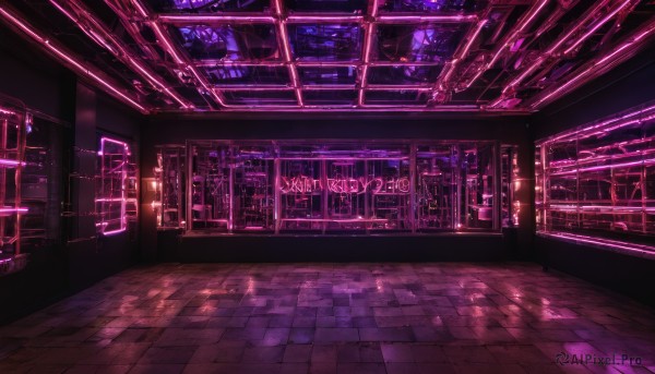 indoors,no humans,window,building,scenery,science fiction,tiles,light,tile floor,purple theme,neon lights,fire,fantasy,candle,candlestand,reflective floor,chandelier