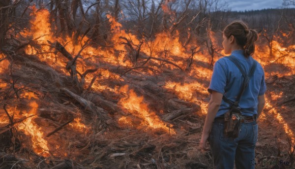 1girl,solo,brown hair,shirt,black hair,standing,ponytail,weapon,short sleeves,outdoors,sky,belt,pants,from behind,tree,gun,fire,blue shirt,denim,nature,scenery,handgun,smoke,short ponytail,jeans,blue pants,facing away,holster,explosion,ruins,police,bare tree,burning,collared shirt,suspenders,forest,pouch,realistic,arms at sides