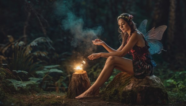 1girl,solo,long hair,black hair,hair ornament,dress,bare shoulders,sitting,closed eyes,flower,outdoors,wings,barefoot,sleeveless,pointy ears,hair flower,blurry,tree,lips,bare legs,night,depth of field,grass,bug,nature,forest,realistic,fairy wings,fairy,butterfly wings,tree stump,brown hair,braid,twin braids,scenery,dark,sparkler