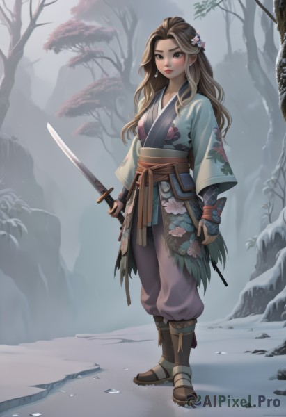 1girl,solo,long hair,breasts,looking at viewer,blush,brown hair,hair ornament,gloves,long sleeves,holding,brown eyes,jewelry,closed mouth,standing,full body,weapon,flower,earrings,boots,outdoors,japanese clothes,pants,sword,artist name,hair flower,fingerless gloves,kimono,holding weapon,armor,tree,lips,sash,makeup,brown footwear,holding sword,obi,floral print,katana,knife,sheath,nature,snow,brown gloves,forest,rock,red lips,scabbard,unsheathed,wide sleeves,wavy hair