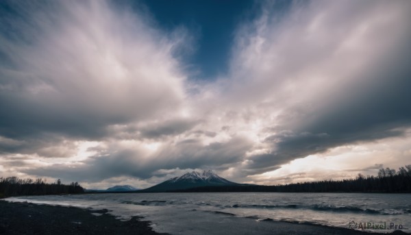 outdoors,sky,day,cloud,tree,blue sky,no humans,sunlight,cloudy sky,grass,nature,scenery,forest,mountain,road,landscape,mountainous horizon,monochrome,water