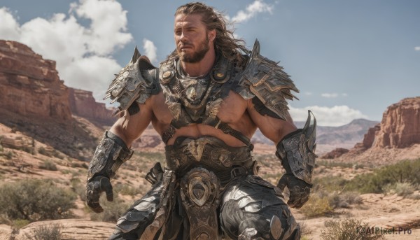 solo,long hair,brown hair,gloves,1boy,brown eyes,closed mouth,nipples,male focus,cowboy shot,outdoors,sky,day,cloud,armor,blue sky,looking to the side,muscular,facial hair,scar,abs,cloudy sky,pectorals,muscular male,shoulder armor,gauntlets,clenched hand,bara,pelvic curtain,beard,scar on face,large pectorals,pauldrons,mature male,mustache,scar across eye,bare pectorals,harness,chest harness,mountain,realistic