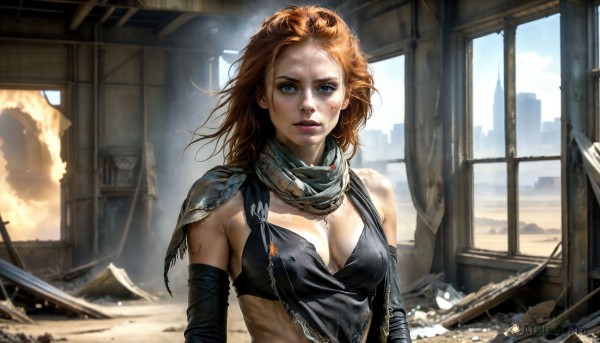 HQ,1girl,solo,long hair,breasts,looking at viewer,blue eyes,large breasts,brown hair,cleavage,medium breasts,upper body,weapon,parted lips,sky,day,sword,indoors,scarf,bra,orange hair,armor,lips,torn clothes,window,blood,scar,injury,realistic,ruins,dirty,cuts,jewelry,red hair,detached sleeves,teeth,cloud,necklace,fire,building,messy hair,dirty face