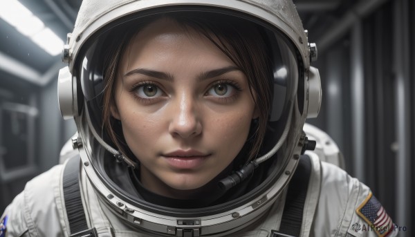 1girl,solo,looking at viewer,smile,short hair,brown hair,black hair,brown eyes,parted lips,indoors,blurry,lips,depth of field,blurry background,helmet,portrait,freckles,reflection,realistic,nose,straight-on,american flag,spacesuit,space helmet,astronaut,bangs,closed mouth,shiny,parted bangs,close-up,space