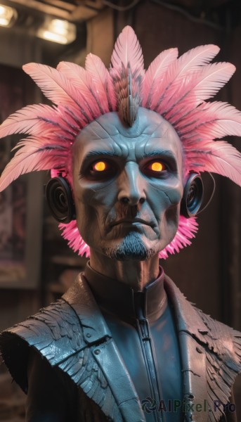 solo,looking at viewer,1boy,jacket,yellow eyes,upper body,pink hair,male focus,indoors,blurry,vest,blurry background,glowing,facial hair,headphones,feathers,glowing eyes,zipper,colored sclera,colored skin,beard,mustache,blue skin,goatee,feather hair ornament,mohawk