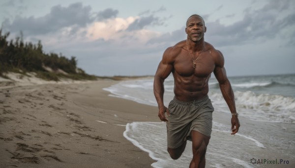 solo,looking at viewer,smile,1boy,navel,jewelry,male focus,outdoors,sky,shorts,day,cloud,dark skin,water,necklace,blurry,bracelet,muscular,blurry background,facial hair,scar,beach,abs,dark-skinned male,cloudy sky,pectorals,muscular male,beard,walking,topless male,running,realistic,sand,bald,manly,very dark skin,photo background,nipples,teeth,tattoo,ocean,ring,bara,mature male,waves